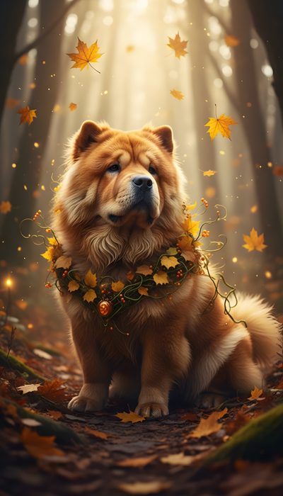 a dog sitting in the middle of a forest with leaves around it's neck Halloween Chow Chow Chow Chow Dogs, Lily Rose, Chow Chow, Lily, Dogs, dark olive green