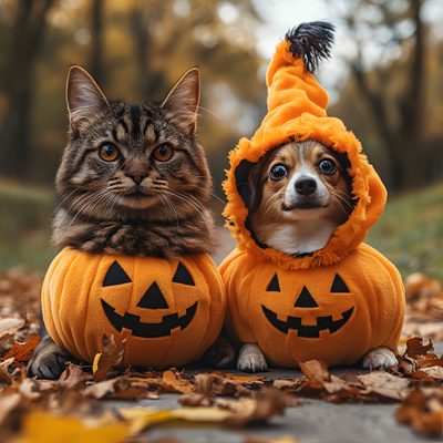 a cat and dog dressed up in pumpkin costumes Cute Dog And Cat Halloween Pet Halloween Outfit Ideas, Halloween Pets Funny, Colorful Pet Halloween Outfit, saddle brown