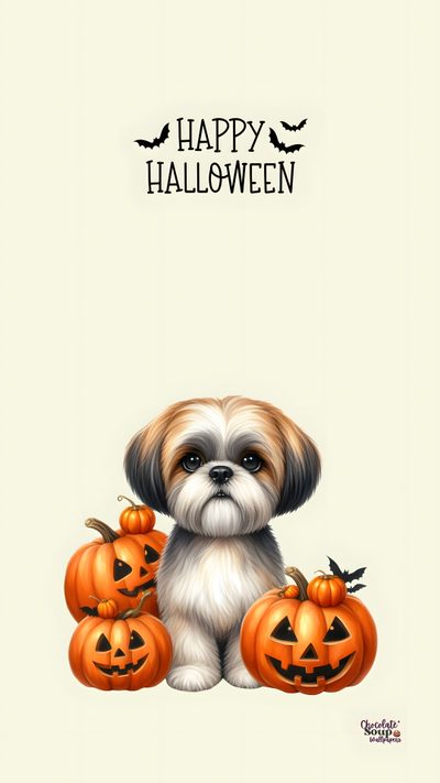 a small dog sitting in front of pumpkins with the words happy halloween written on it Dog Halloween Iphone Halloween Soup, Dog Phone, Dog, Halloween, Dog Halloween, Pretty Backgrounds, beige