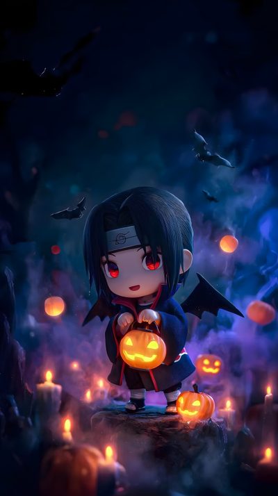 an anime character holding a pumpkin in front of some candles and bats on the ground Itachi Uchiha Halloween Itachi Cute 4k, Itachi 3d, Itachi Uchiha Halloween, Cute Kid Itachi, black