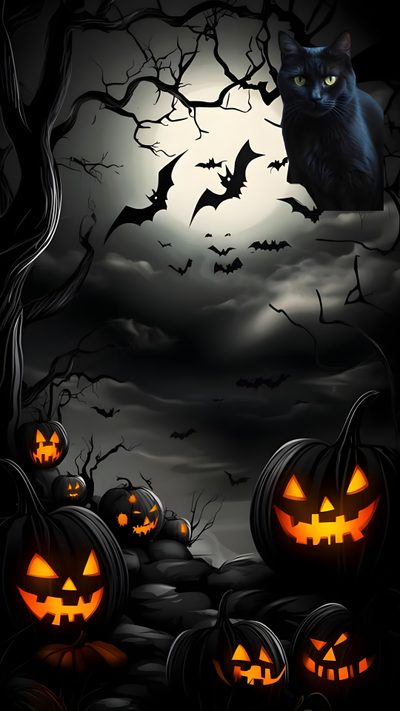 a black cat sitting on top of a pile of pumpkins in front of a full moon Spooky Halloween Pictures Spooky Halloween Night, Halloween Images Backgrounds, Happy Halloween, black