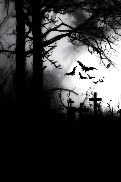 a cemetery with bats flying over it and the moon in the sky behind them is black and white Gothic Halloween Bats Black White Graveyard Iphone, Graveyard, Gothic Crow Gate Background,