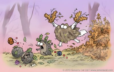 an animal chasing another animal in the woods with leaves on its head and legs, Simons Cat Halloween Hd Simons Cat Halloween, Simons Cat Halloween Background, Simons Cat Halloween Background Hd, silver