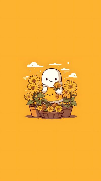 a cartoon character sitting on top of a basket filled with sunflowers and holding a cup Cute Yellow Halloween Cute Yellow Halloween, Yellow Background With Ghost, Cute Ghost, goldenrod