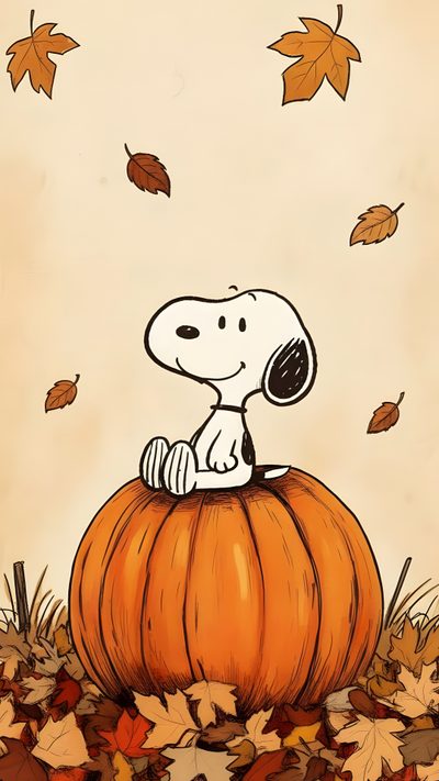 a painting of a snoopy sitting on top of a pumpkin with leaves around it Charlie Brown Halloween Iphone Thanksgiving Snoopy, Peanuts Thanksgiving Iphone, Cute Fall, wheat