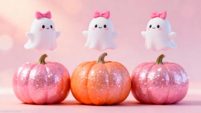 three little pumpkins with ghost faces and bows on them sitting next to each other Girly Halloween Desktop Halloween Artwork, Halloween, Cute Halloween, Soft Colors, Ghost, Color, pink
