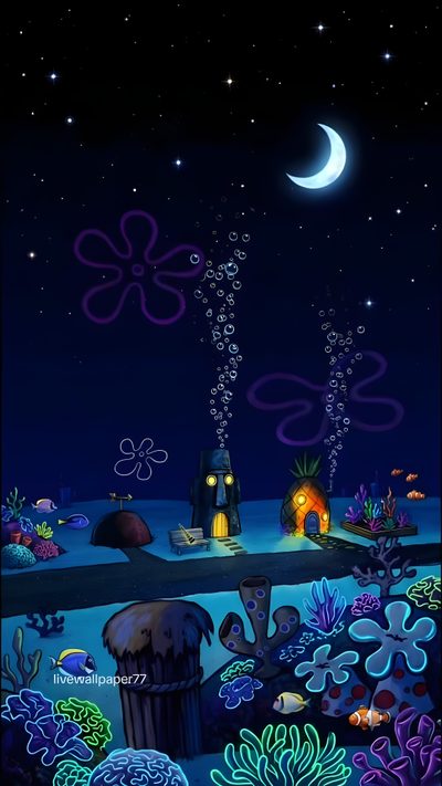 an image of a night scene with flowers and stars in the sky, and a full moon Halloween Spongebob Live Photo 4k, Spongebob Houses, Bi̇ki̇ni̇ Bottom, Spongebob Sky, black