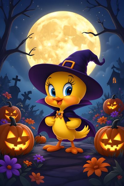 a cartoon chicken dressed as a witch in front of a full moon with pumpkins Tweety Bird Halloween Tweety Happy Thanksgiving, Tweety Thanksgiving Images, October Images Cartoon, dark slate gray