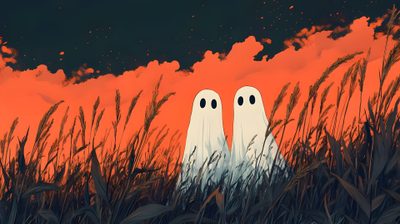 two white ghost standing in tall grass with orange sky and clouds behind them at night Halloween Spirit Spooky Desktop, Cute Hd Pc, Spooky Desktop Aesthetic, Fall Windows, dark slate gray