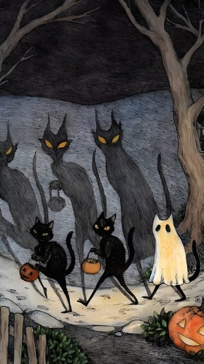 a group of black cats walking down a street with pumpkins in front of them Retro Vintage Halloween Surreale Kunst, Illustration Japonaise, Cat, Halloween Art, Pantera, dark slate gray