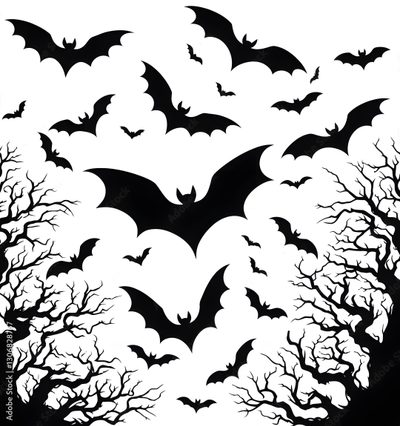 bats flying over trees with no leaves in the night, black and white silhouettes Halloween Cute Bats Silhouette Bats Silhouette, Black And White Bat Silhouette, Spooky Forest Bat Design,