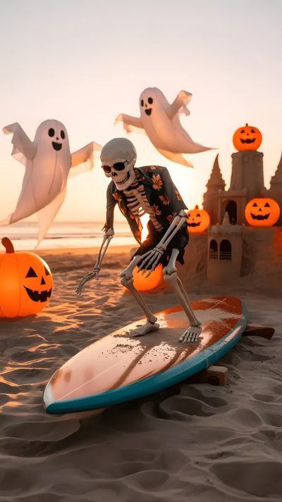 a skeleton on a surfboard in the sand with halloween decorations around him and pumpkins flying above Beach Halloween Elegant Halloween Decor, Halloween Eve, Halloween Trends, Classic Holiday Decor, sienna