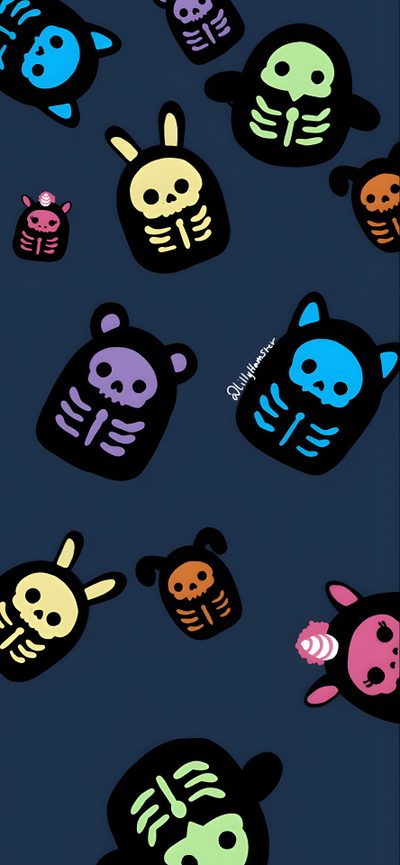 an image of colorful skulls and skeletons on a black background with blue, green, yellow, pink, orange Cute Halloween Squishmallow Halloween Squishmallows, Halloween Squishmallows Drawing, Squishmallow Iphone, dark slate gray