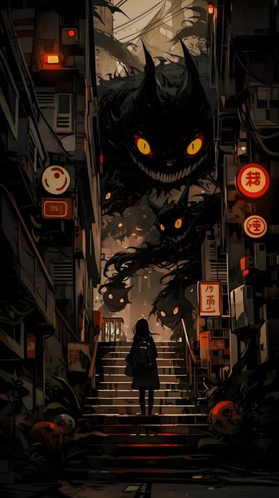 a person walking up some stairs with an evil face on the wall behind them, Dark Halloween Anime Monstro, Creepy Dark Pokemon, Dark Anime Monster, Spooky Anime Background, black