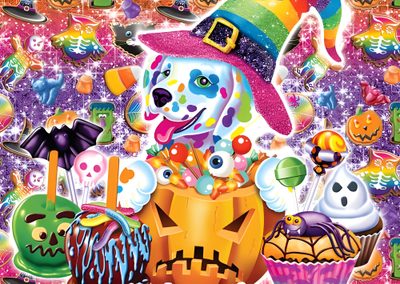 a poster with an image of a dog wearing a witch hat and holding a cupcake Lisa Frank Halloween Lisa Frank Thanksgiving, Lisa Frank Art 90s, Lisa Frank Candy, rosy brown