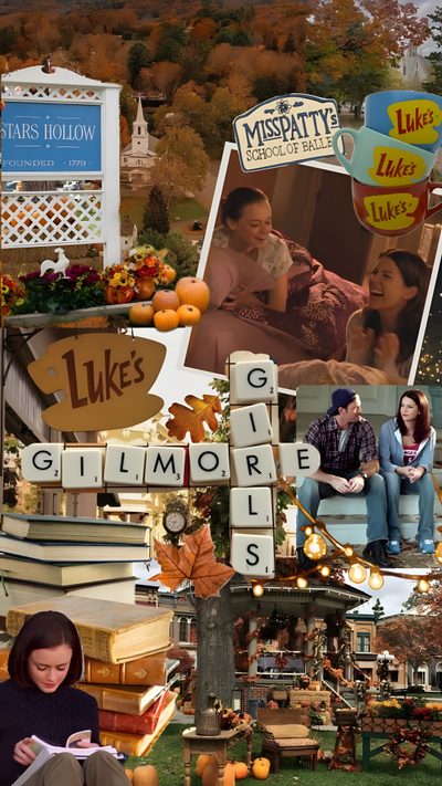 the collage shows people sitting and standing in front of pumpkins, books, and other things Gilmore Girls Halloween Fall Background, Stars Hollow, Pretty Backgrounds, Adult Crafts, dark olive green