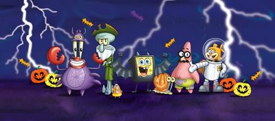 cartoon characters dressed in halloween costumes on a dark background with lightning and thunder behind them Spongebob Squarepants Halloween Cartoon Halloween Desktop, Spongebob Halloween Background, Spongebob Halloween, midnight blue