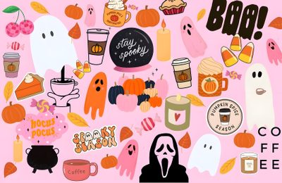 a bunch of stickers that are all over the place on a pink background with words boo Preppy Halloween Desktop Preppy Halloween Desktop, Cute For Your Laptop, Girly Halloween Desktop, misty rose