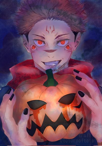 a drawing of a man holding a pumpkin Sukuna Halloween Jjk Pumpkin Painting, Sukuna Pumpkin, Sukuna Pumpkin Carving, dim gray