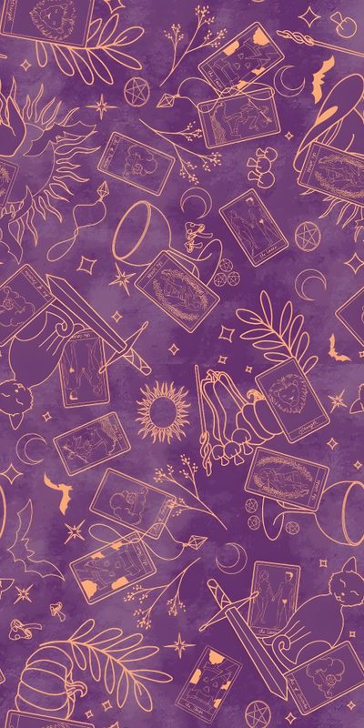 a purple and gold background with various items on it Boho Halloween On Light Purple Pumpkaboo Phone, Tarot Card Patterns, Tarot Backgrounds, dim gray