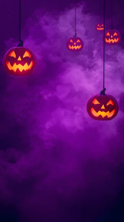 Halloween pumpkins glow ominously against a swirling purple smoky background creating a spooky and festive atmosphere perfect for holiday celebrations and themed events. These jackolanterns hanging fhalloween, pumpkin, spooky, scary, autumn, october, holiday, night, dark, purple, smoke, decoration, festive, celebration, season, party, evil, jackolantern, hanging, glowing, light, orange, creepy, fear Purple And Orange Halloween Background, Purple Halloween Wallpaper, Jack O Lantern, Halloween Backgrounds, Festival, Purple, Halloween Backgrounds Purple, Holiday Celebration, Halloween Halloween Purple And Orange Purple And Orange Halloween Background, Purple Halloween, Jack O Lantern, indigo