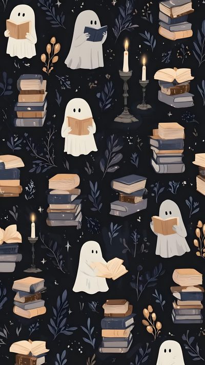a bunch of books that are sitting on top of each other with ghost characters around them Iphone Halloween Book Spooky Fall Phone, Spooky Ipad, Cozy Spooky, Halloween Phone Backgrounds Fall, black