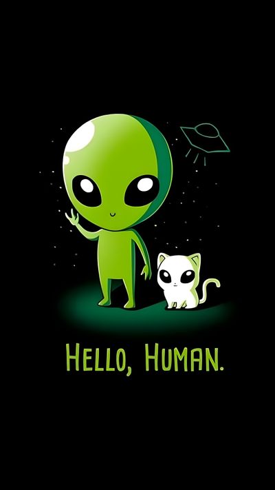 an alien is standing next to a cat with the caption hello human on it Alien Halloween Alien Iphone, Alien Artwork, Alien Aesthetic, Alien Tattoo, Aliens And Ufos, Cute Alien, black
