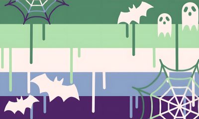 a group of bats and spider webs hanging from the side of a striped wall Gay Halloween Mlm Flags, Halloween Pride Flag, Halloween Pride Flag Png, Mlm Flag Background, dark gray