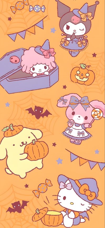 hello kitty halloween wallpaper with pumpkins, bats and cats on it's orange background Cute Halloween Sanrio Kawaii Sanrio Halloween, Sanrio Halloween Pastel, Sanrio October Calendar, sandy brown