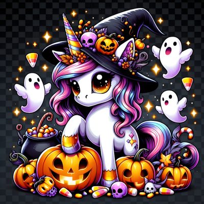a cartoon unicorn sitting on top of a pile of pumpkins with ghost's around it Halloween Unicorn Sugar Skull Artwork, Cup Decorating, Unicorn Halloween, Halloween Artwork, dark slate gray