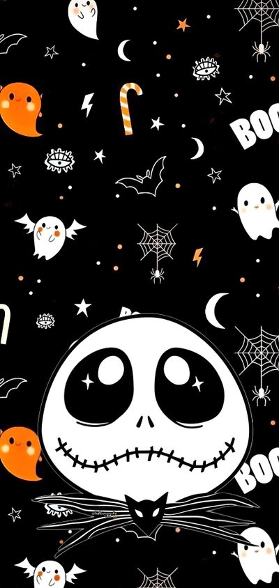 a black background with white and orange halloween decorations Cute Halloween Jack Skellington Jack Skellington, Jack Skellington Aesthetic, Jack Skellington Iphone, black