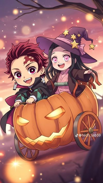 two children are riding in a pumpkin carriage Halloween Demon Slayer Demon Slayer Halloween Art, Anime Halloween, Halloween Icons, Halloween, indian red