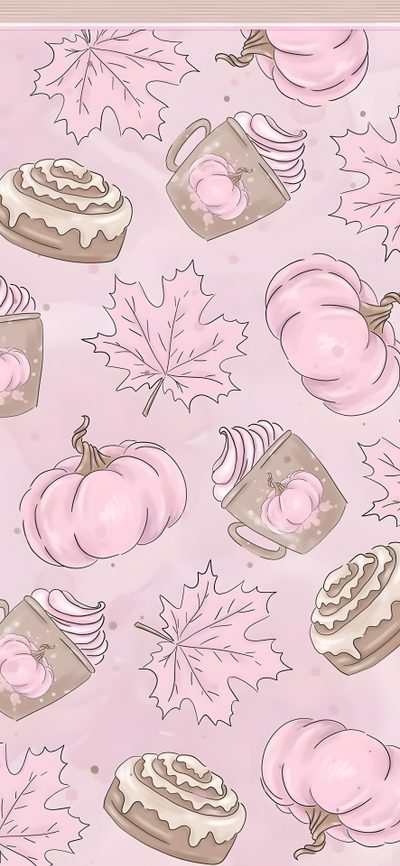 a pink background with various desserts and leaves Rose Gold Girly Cute Halloween Autumn Desktop Ideas, Autumn-themed Pastel Pattern, Cozy Fall Phone Background, gainsboro
