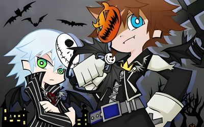two anime characters standing next to each other in front of bats and pumpkins on the ground Halloween Town Sora Sora Jack Skellington, Sora And Jack Skellington, Sora Nightmare Before Christmas, dark olive green