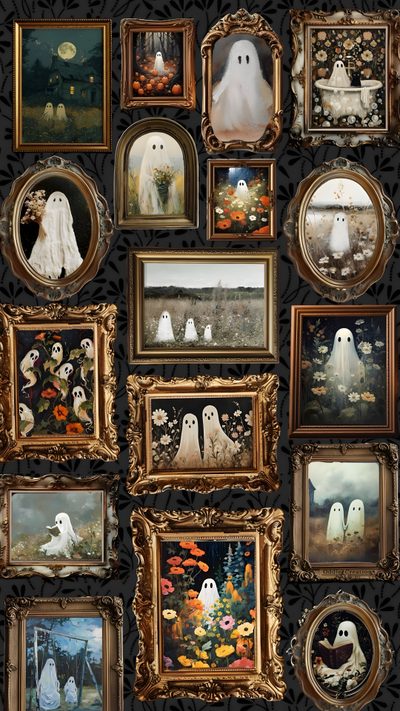 a wall covered in lots of framed pictures and ghost paintings on it's side Gothic Halloween Decor Halloween, Halloween Iphone Backgrounds, Halloween Backgrounds, dark olive green