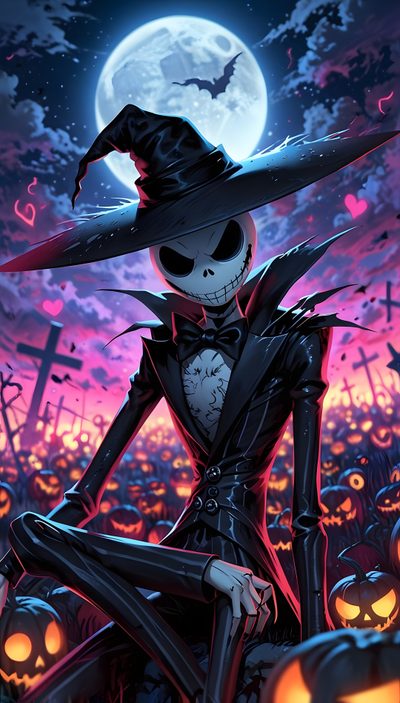 a skeleton sitting on top of a pile of pumpkins in front of a full moon Halloween Jack Skellington Jack Nightmare Before Christmas, Nightmare Before Christmas Pumpkin, Nightmare Before Christmas Characters, dark slate gray