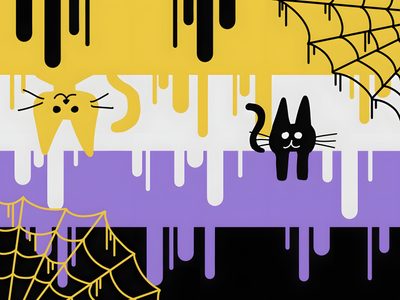 two cats and a spider web on a yellow, purple, and black striped background Nonbinary Halloween Nonbinary Halloween, Nonbinary Flag Aesthetic, Halloween Pride Flag, sienna