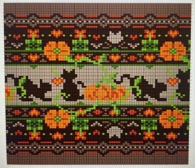 a cross stitch pattern with cats and pumpkins Halloween Fair Isle Crochet Autumn Cat Pattern, Autumn Tapestry Crochet, Halloween Knitting Charts, dark olive green