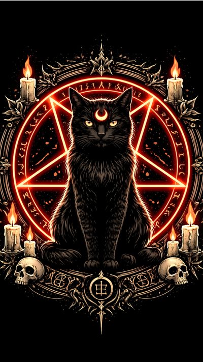 a black cat sitting in front of a pentagramus wheel with candles and skulls Pagan Halloween Goddess Magick, Masonic Symbols, Pagan Art, Magic Spell Book, Skull Drawing, Alien Art, black