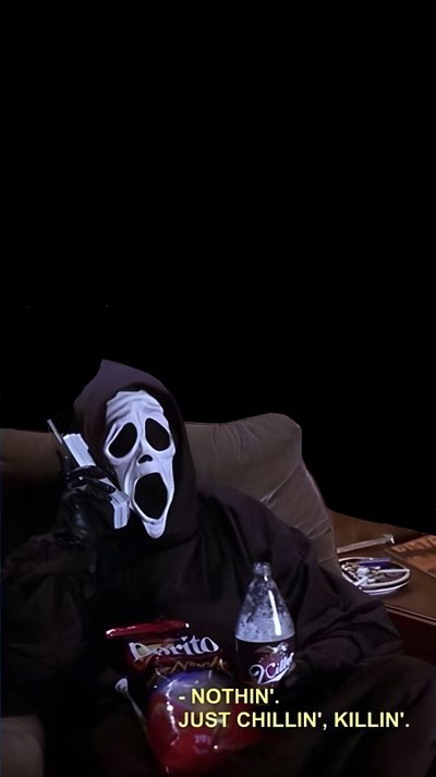 a person in a black mask sitting on a couch with a bottle and some snacks Scream Edgy Aesthetic Halloween Trippy, Halloween Iphone, Edgy, Halloween, Retro, Fall Memes, black
