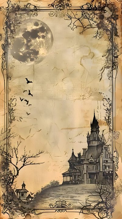 an old paper with a drawing of a house and bats in the sky above it Halloween Scroll Ancient Scroll Paper Background, Writing Paper Vintage, Printable Gothic Background, tan