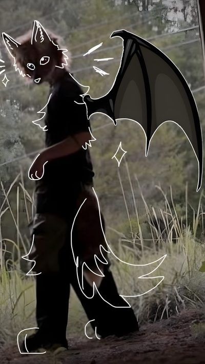 a man walking in the woods with a cat on his back and a bat over his head Therian Halloween Therian Foto, Therian Poses Drawing, Therian Art Style, Therian Shadow, dark olive green