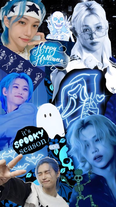 the collage has many different images on it Felix Halloween Felix Halloween, Normal, Kpop Iphone, Anime Lock Screen, Halloween Backgrounds, steel blue
