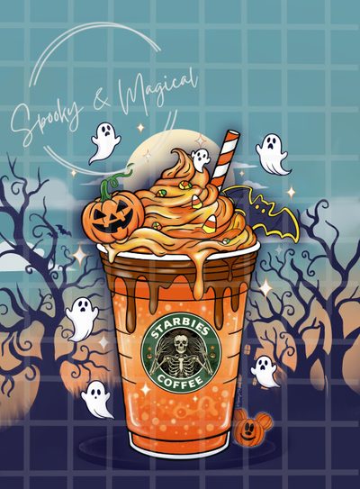 an orange starbucks drink with pumpkins and jack - o'- lanterns on it Halloween Starbucks Kawaii, Pumpkin Carving, Carving, Halloween, slate gray