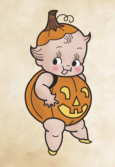 a drawing of a baby holding a pumpkin Kewpie Halloween Kewpie Strawberry, Kewpie Doll Image, Baby Jack O Lantern, Kewpie Cartoon, wheat