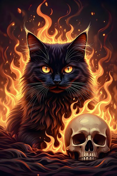 a black cat sitting next to a human skull on top of a fire covered ground Halloween Fiery Felines-black Custom Kitty, dark slate gray