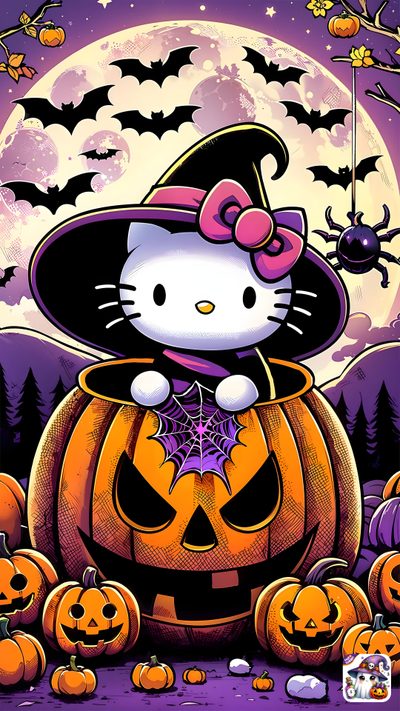 a hello kitty halloween scene with pumpkins and jack - o'- lanternes Halloween Hello Kitty 3d Color, Of Hello Kitty Halloween, Halloween, Kitty Drawing, sienna
