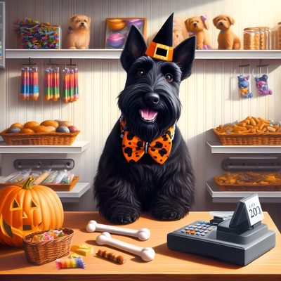 a painting of a dog sitting at a desk Halloween Scottish Terrier Scottish Terrier Dog, Scottish Terrier Fall Decor, Scottish Terrier Pumpkin, dim gray