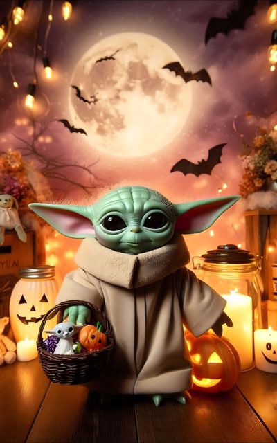 the child yoda doll is holding a basket with halloween decorations in front of it Star Wars Halloween Halloween, Star Wars, Baby Yoda Background, Background Baby Yoda, Star Wars Love, sienna