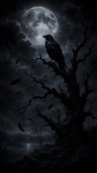 a crow sitting on top of a tree branch in front of a full moon and clouds Halloween Crow Dark Custom Crow Aesthetic, Black Background Aesthetic, Black Background, Dark, 4k Phone,